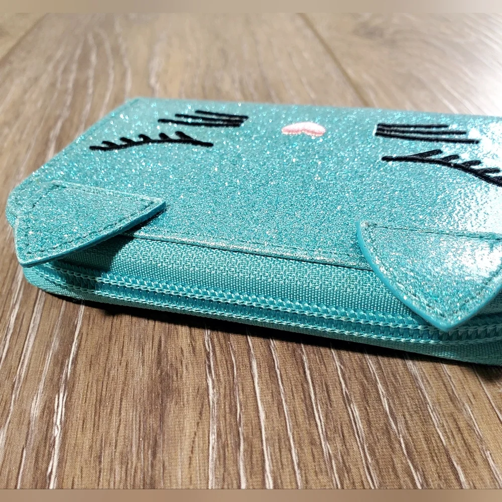 Glittery Teal Cat Wallet Coin Purse for Kids